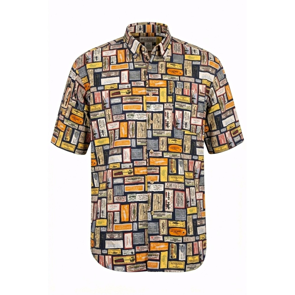 Vintage Columbia Fishing Lure Novelty Men's XLT Button-Up Graphic Fish Pockets